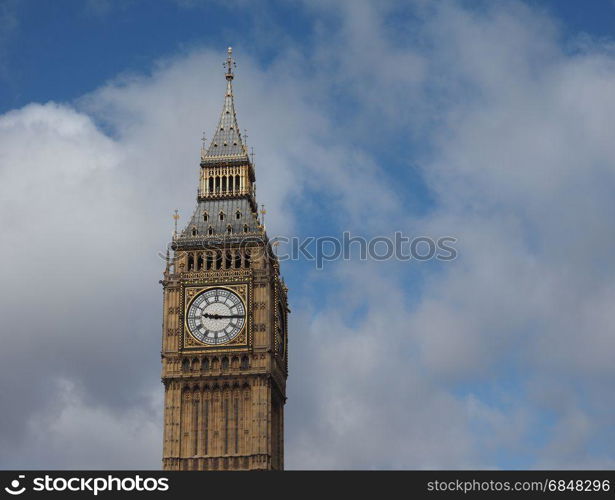 Big Ben in London. Big Ben at the Houses of Parliament aka Westminster Palace in London, UK - blue sky