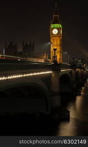 Big Ben, The Houses of Parliament and Westminster Bridge at Night, London, England