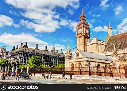 Big Ben, the Palace of Westminster in London, the UK, and Portcullis house. Houses of Parliament in England, United Kingdom. Big Ben, the Palace of Westminster and Portcullis house in London, the UK