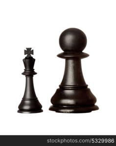 Big black pawn and small king isolated on a white background