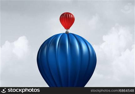 Big business assistance and support financial and corporate concept as a large air balloon lifting up a small entity as a symbol for investment and funding from a large economic entity as an angel investor with 3D illustration elements.