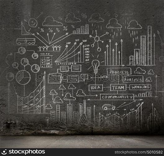 Big business plan. Rear view of businessman standing on ladder and drawing business sketch on wall