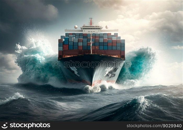 Big cargo ship with many loaded container is seen in the front as it speeds over the ocean, digital illustration painting, Generative AI
