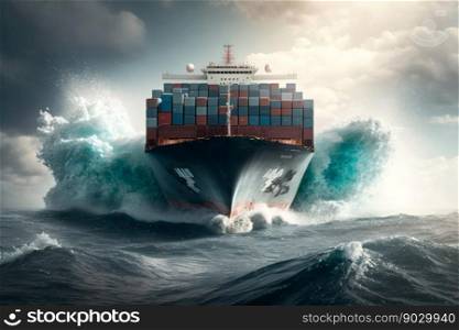 Big cargo ship with many loaded container is seen in the front as it speeds over the ocean, digital illustration painting, Generative AI