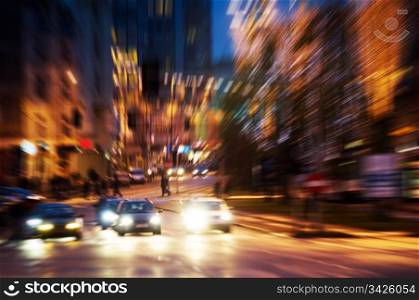 Big city life at night. Dynamic motion blur