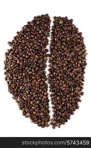 Big coffee bean shape made of coffee beans isolated on white background. Coffee bean
