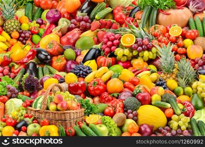 Big collage fresh tasty vegetables and fruits. Natural bright panoramic background.