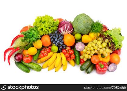 Big collection fresh of fruits and vegetables isolated on white background. Top view.