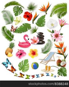 Big collection of exotic and tropical leaves and plant, flowers and travel vacation supplies. Vector
