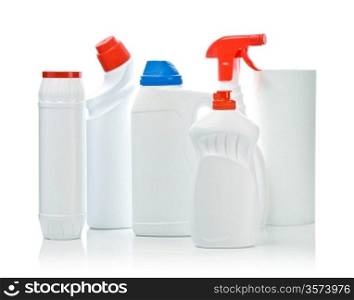 big composition of cleaning bottles