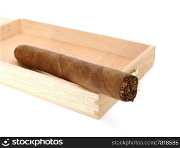 big cuban cigar served from wooden box over white