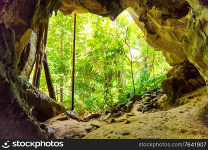 Big dark cave and sun light from jungle forest