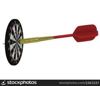 Big dart cuts through small board isolated on white background