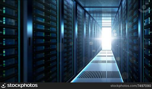 Big data center storage with full of rack servers and light flare effect .Cloud server room 3D rendering .