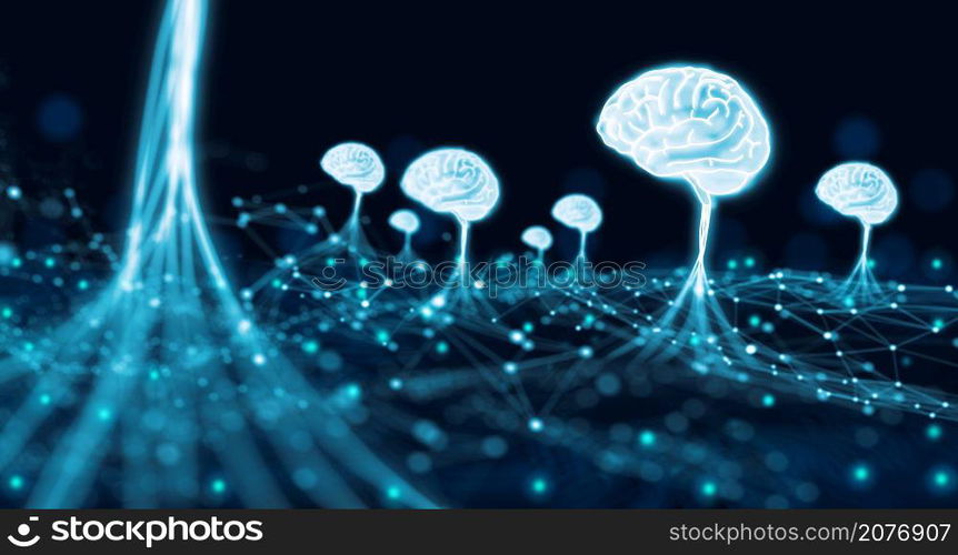 Big data cloud computer using Ai Brain network system. Super computer, Neural network, Artificial intelligence research, Machine learning Concept. 3D Render.