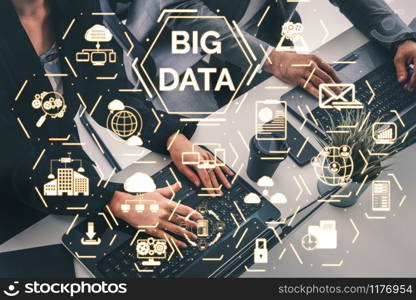 Big Data Technology for Business Finance Analytic Concept. Modern graphic interface shows massive information of business sale report, profit chart and stock market trends analysis on screen monitor.