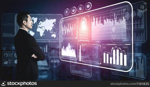 Big Data Technology for Business Finance Analytic Concept. Modern graphic interface shows massive information of business sale report, profit chart and stock market trends analysis on screen monitor.. Big Data Technology for Business Finance Concept.