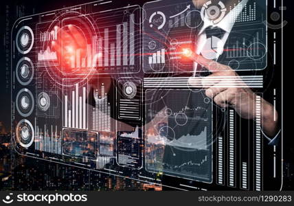 Big Data Technology for Business Finance Analytic Concept. Modern graphic interface shows massive information of business sale report, profit chart and stock market trends analysis on screen monitor.