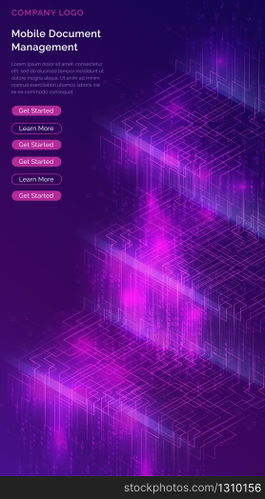 Big data waterfall or cascade, digital binary code data flow analysis visualization, isometric vector illustration. Ultraviolet vertical banner with streams of numbers, landing page template.. Big data waterfall, streams of digital binary code