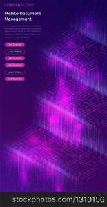 Big data waterfall or cascade, digital binary code data flow analysis visualization, isometric vector illustration. Ultraviolet vertical banner with streams of numbers, landing page template.. Big data waterfall, streams of digital binary code