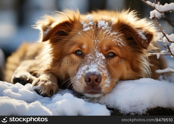 Big dog lying in snow. Generative AI