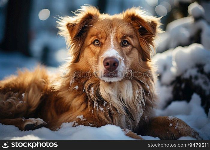 Big dog lying in snow. Generative AI