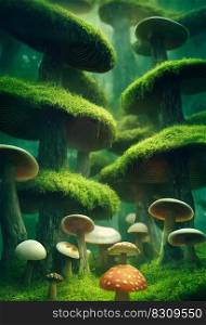 Big dreamy fantasy mushrooms in magic forest. Hallucinogenic psilocybin-containing mushrooms grow in natural environment. 3D illustration. Hallucinogenic psilocybin-containing mushrooms in magic forest. 3D illustration