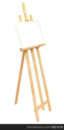big easel with picture frame with cut out canvas isolated on white background