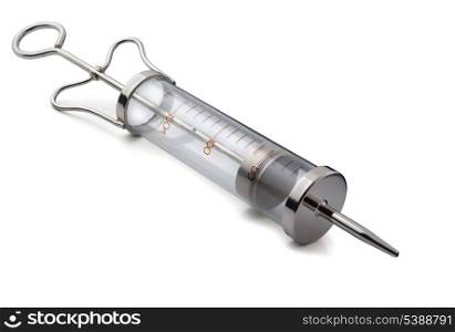 Big empty metal syringe isolated on white