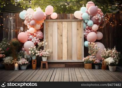 Big Empty Wooden Frame in Outdoor with Beautiful Birthday Party Decoration