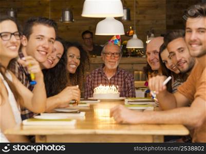 Big family celebrate the birthday of the grandfather