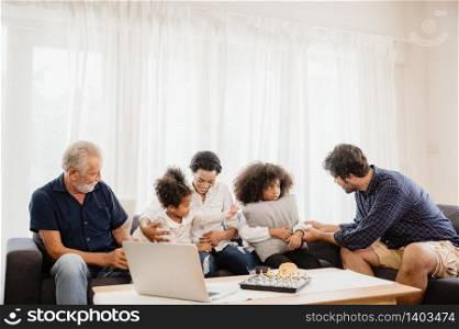 Big family with many generation meeting at home. Grandmother Grandfather Father Mother and Children having relax