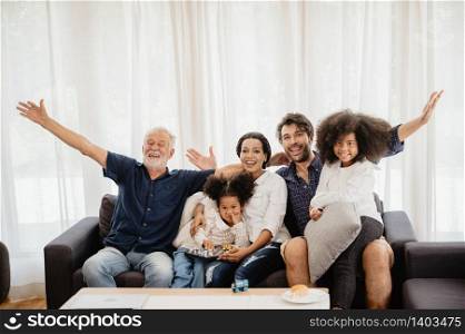 Big family with many generation meeting at home. Grandmother Grandfather Father Mother and Children having relax