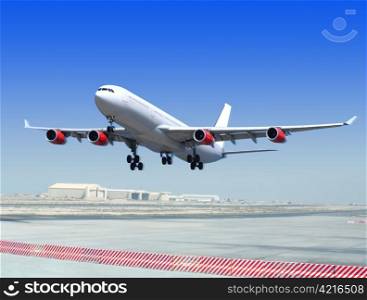 big flying up passenger airplane on airport background