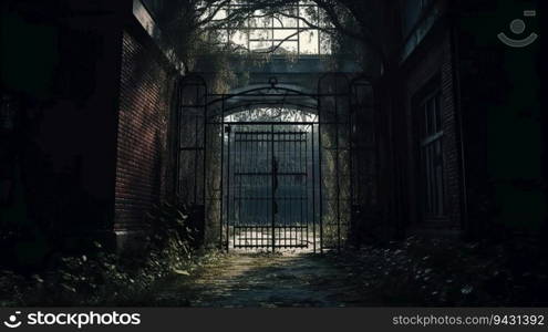 Big gate to the abandoned hospital created by AI