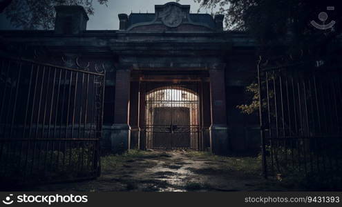 Big gate to the abandoned hospital created by AI