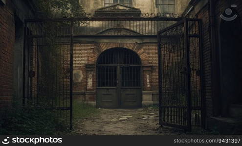 Big gate to the abandoned hospital created by AI