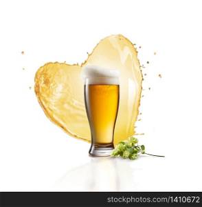 Big glass of fresh light alcoholic beer drink with creative splash in the shape of heart and hop banch on a white background, copy space.. Glass of fresh beer with splash in the shape of heart and hop banch.