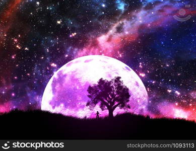 Big glowing planet over starry sky and alone tree background.