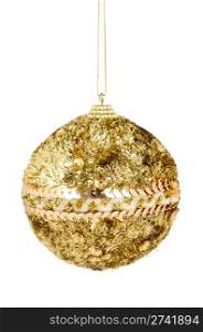 Big golden Christmas ball decoration isolated on white background.