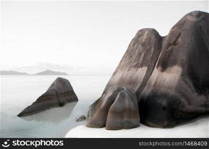 Big granite rock with highlight sky in Anse d'Argent beach, La Digue Island, Seychelles, Africa