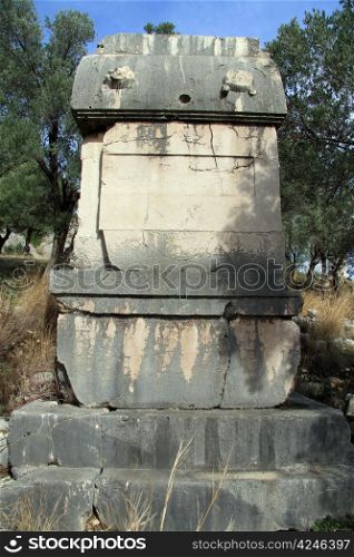 Big gray tomb and tree in Ksanthos, Turkey