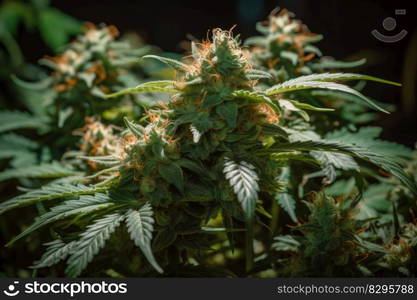 big green cannabis bud, flowering marijuana plant generative ai.