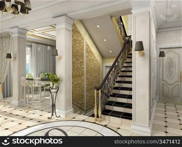 Big hall with the classic stair. 3D render.