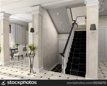 Big hall with the classic stair. 3D render. Hall