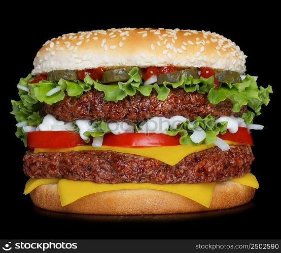 Big hamburger isolated on black background