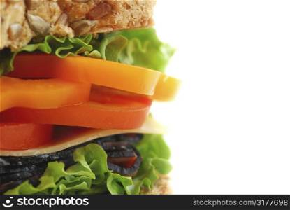 Big healthy sandwich isolated on white background with copy space