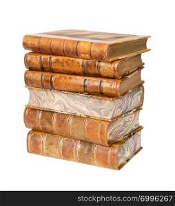 Big heap of antique books in a leather hardcover isolated on white background