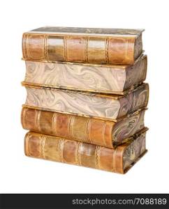 Big heap of old books in a leather hardcover isolated on white background