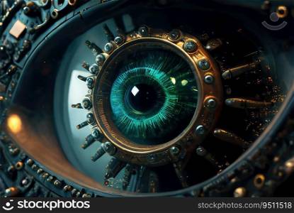 Big hi-tech futuristic eye. Generative AI drawing. Big hi-tech futuristic eye. Generative AI